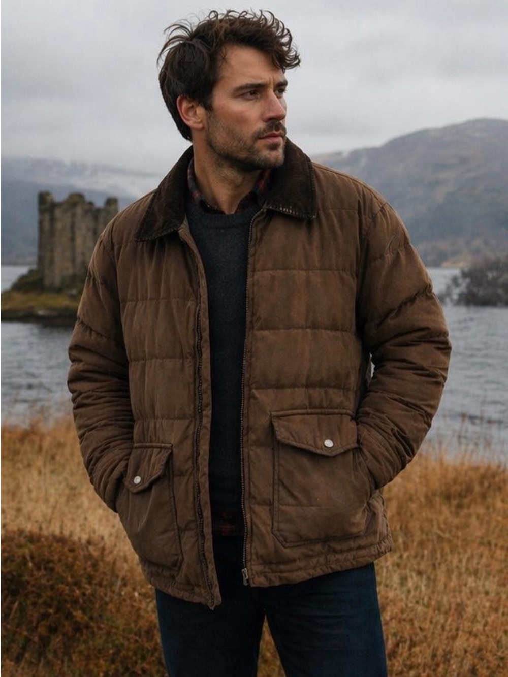 RAINFOREST‎ Chore Jacket Down Puffer Men's Large Brown Corduroy Collar Utility